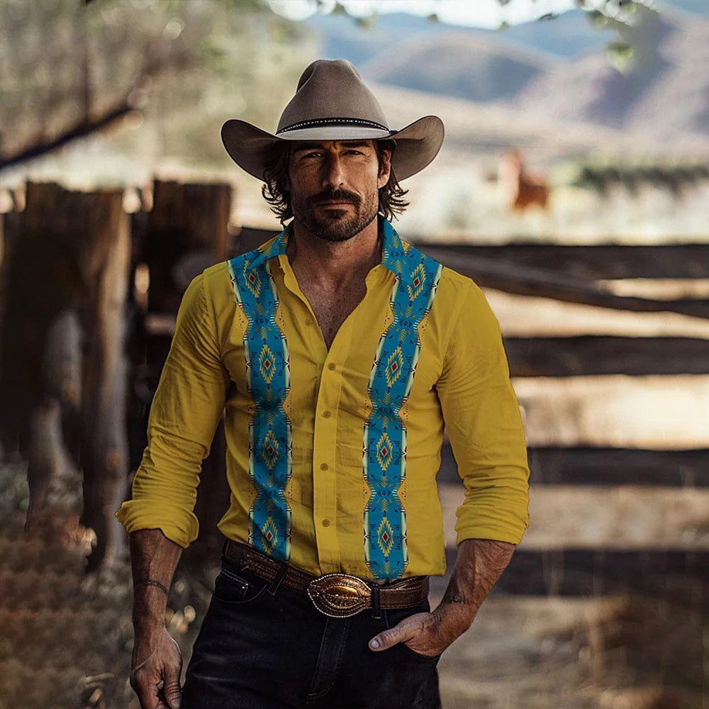 RBB Men’s Yellowstone Western Denim Shirt – Two-Tone Patchwork, Casual Long Sleeve