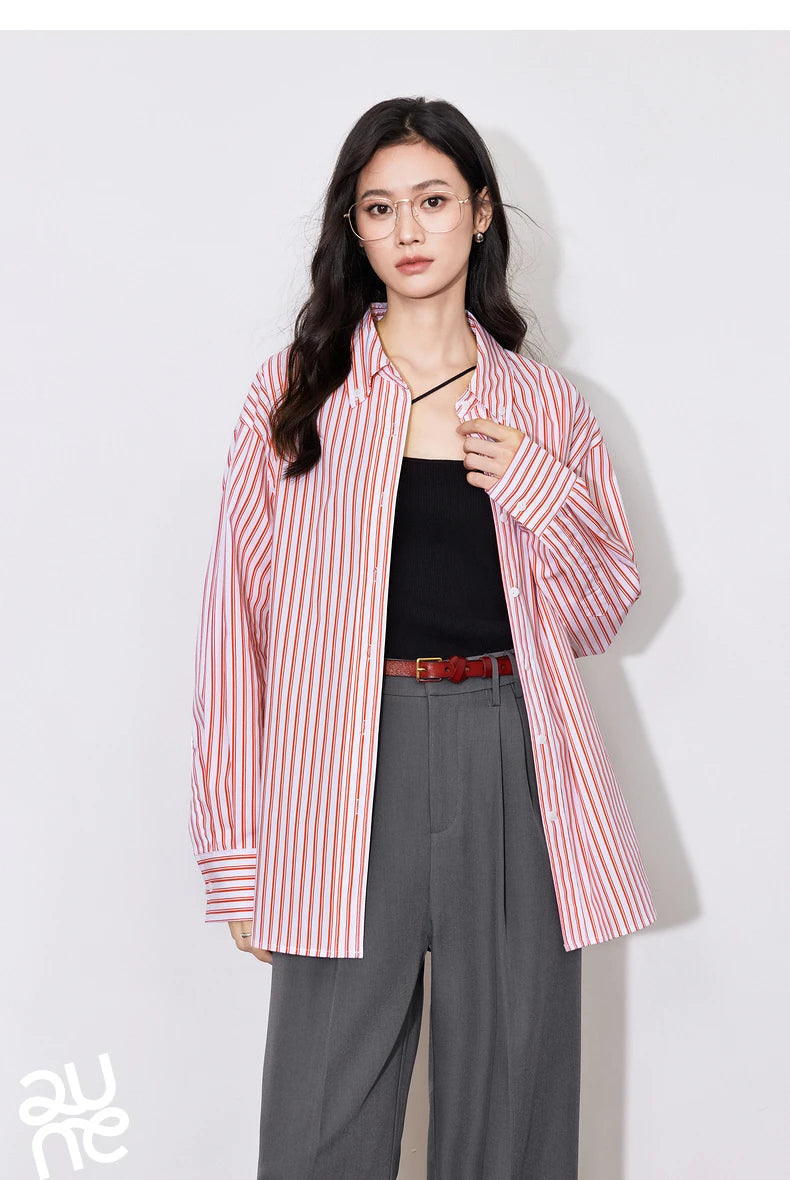 TOYOUTH Women Blouse Shirt 2025 Spring New Lyocell Long Sleeve Striped Cotton Sunscreen OL Shirt Tops