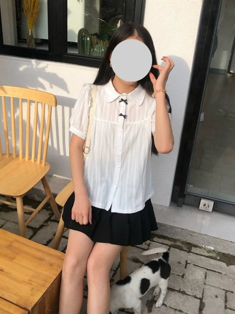 Kawaii White Lolita Lace Blouse Women Gothic Preppy Style Vintage Peter Pan Collar Short Sleeve Shirt Girl Summer Cute Top Mujer