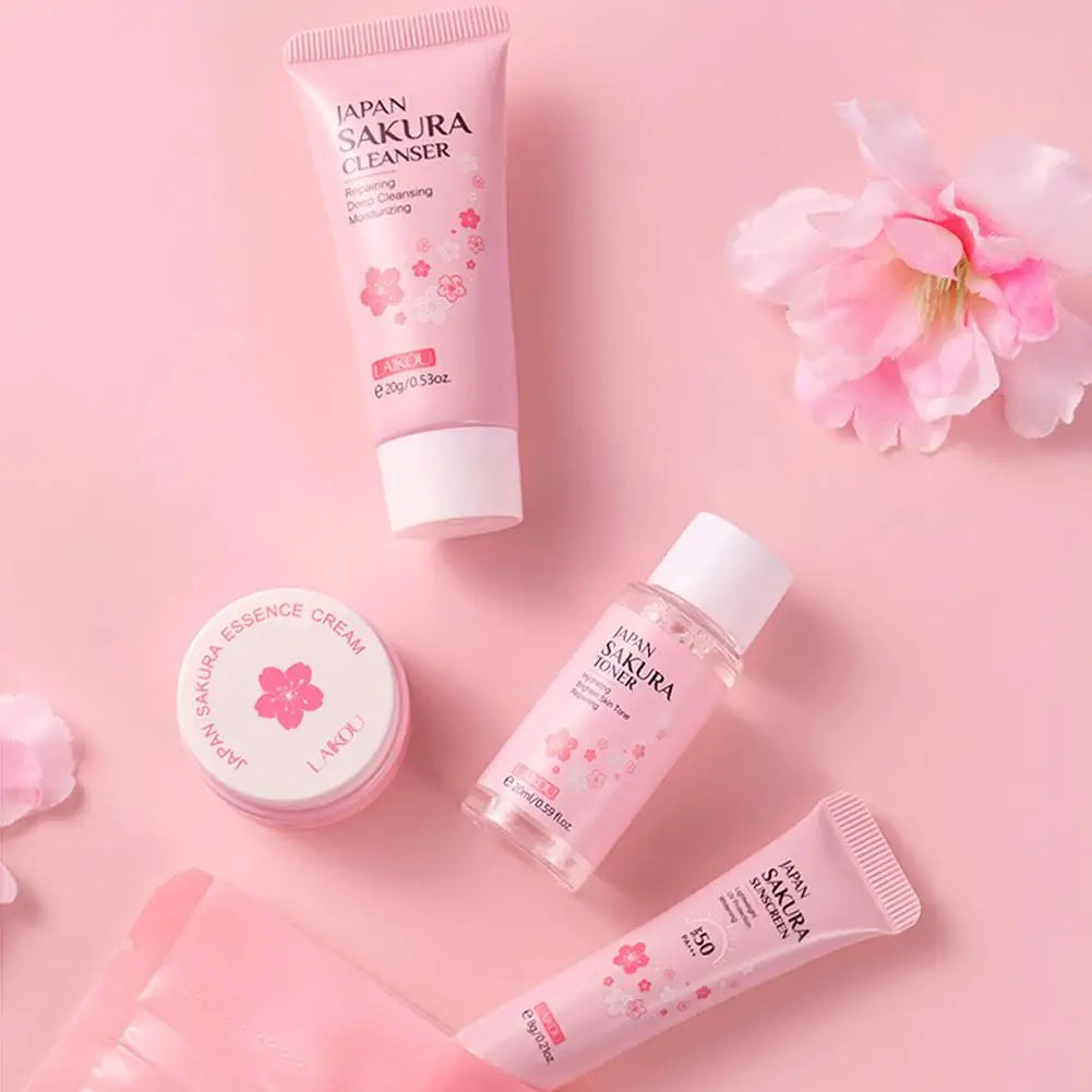 Sakura Skin Care Set – Cleanser, Serum, Toner, Sunscreen & Cream for Women