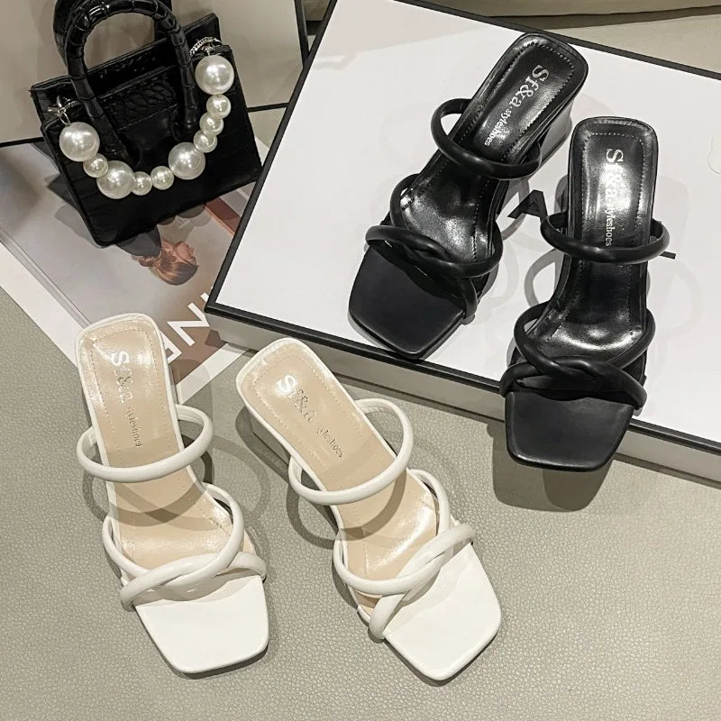 RBB Summer Retro High Heel Slippers – Versatile Thick Heel for Women