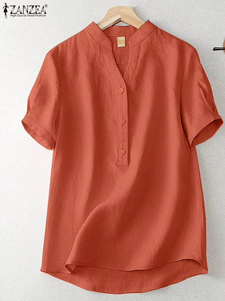 ZANZEA Summer Elegant Loose Chemise Cotton Blouse Vintage OL Work Tunic Tops Women Casual Solid Shirt V Neck Short Sleeve Blusas
