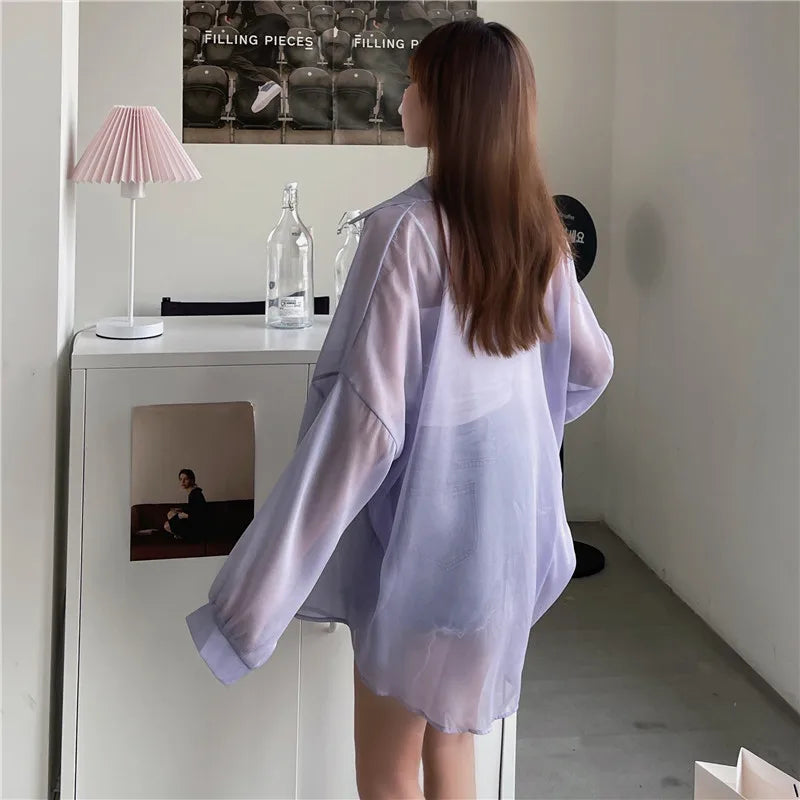 RBB Women’s Semi-Sheer Shimmer Long Sleeve Shirt – Lightweight Button-Down Collared Top for Spring/Summer