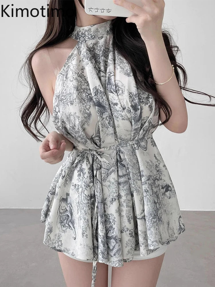 Kimotimo Summer Vintage Stand Collar Print Ladies Tops Korean Chic Lace Up Waist Halter Chiffon Blouses Elegant Fashion Shirts