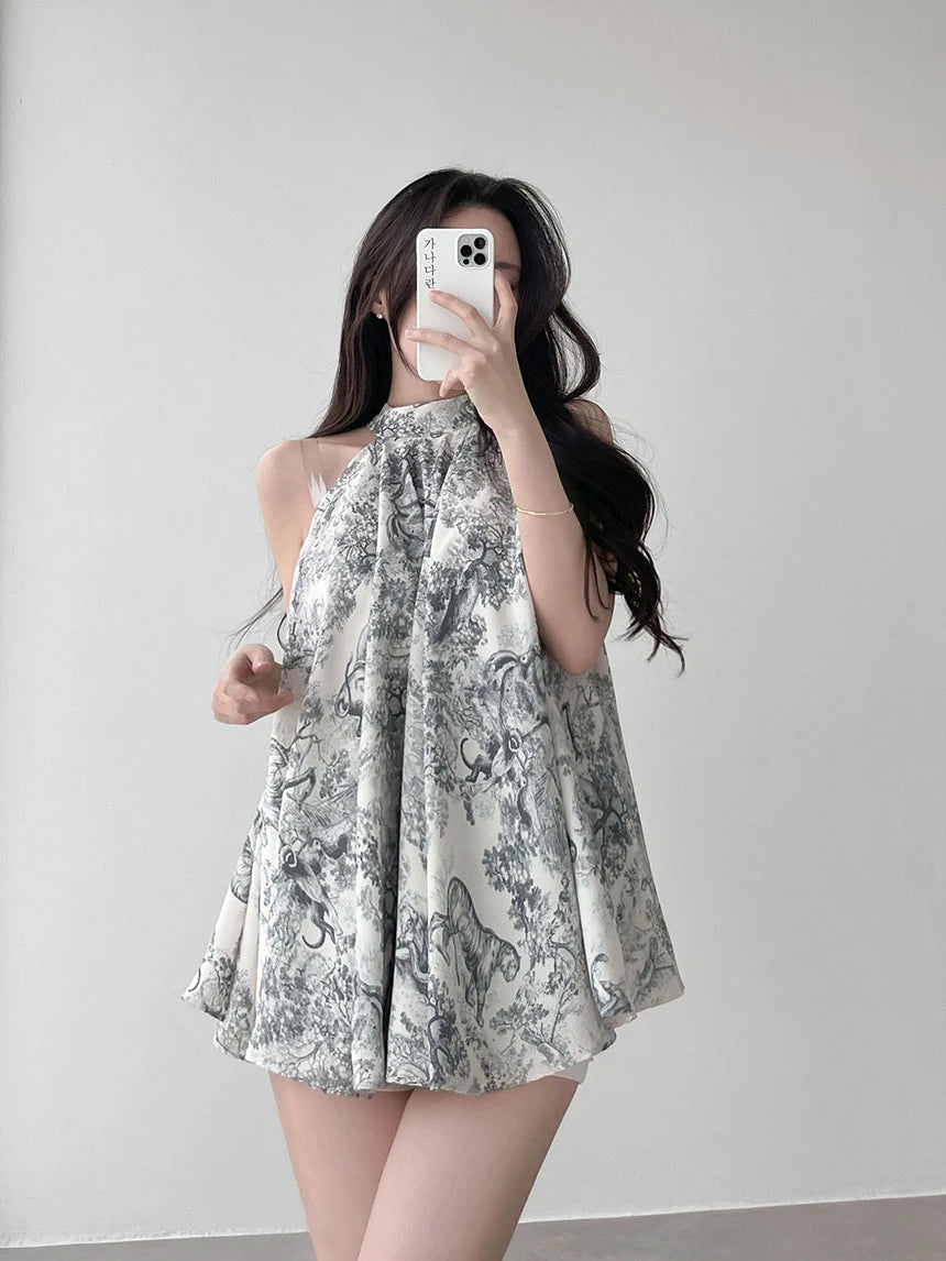 Kimotimo Summer Vintage Stand Collar Print Ladies Tops Korean Chic Lace Up Waist Halter Chiffon Blouses Elegant Fashion Shirts
