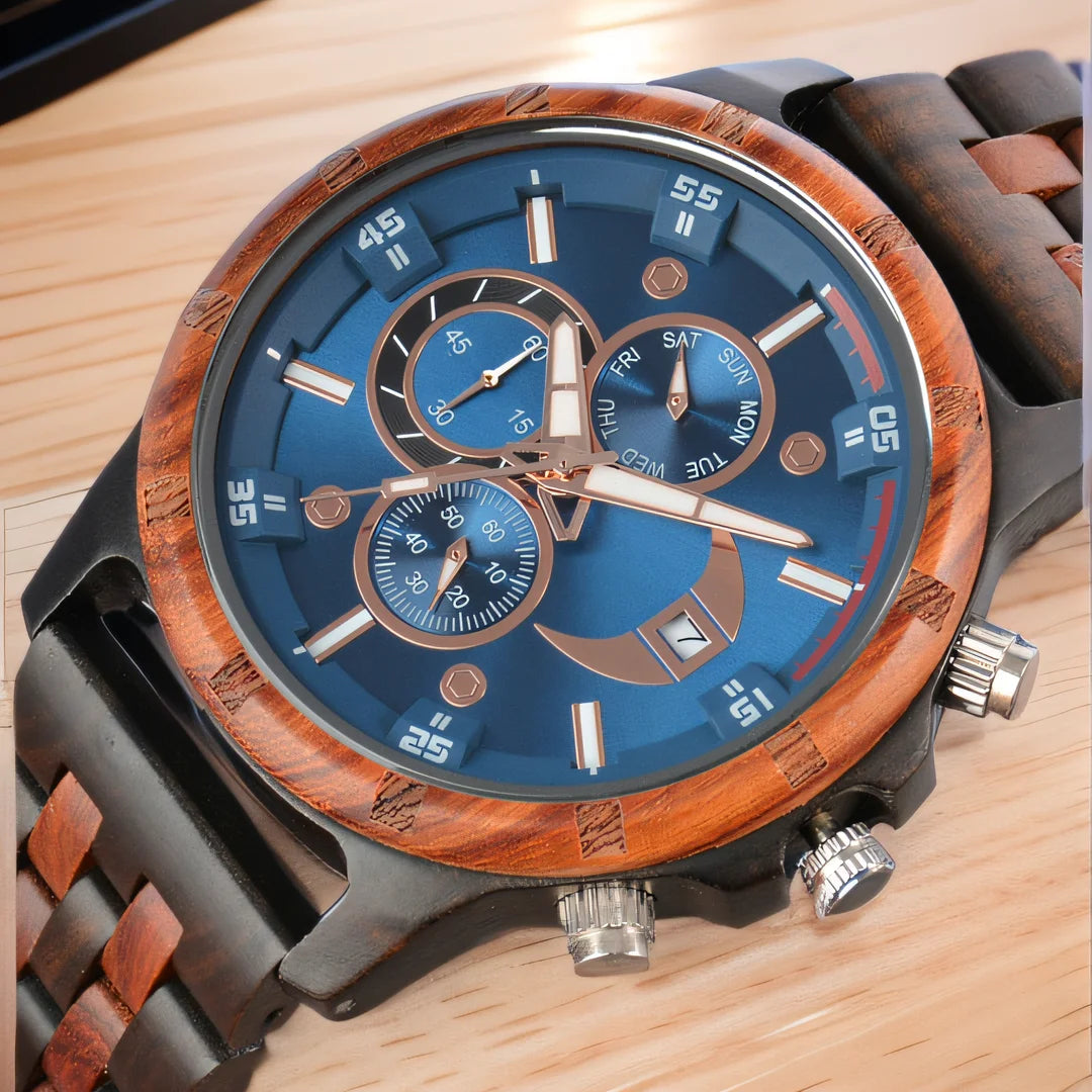 RBB Men’s Wooden Quartz Watch – Date & Week Display with Gift Box