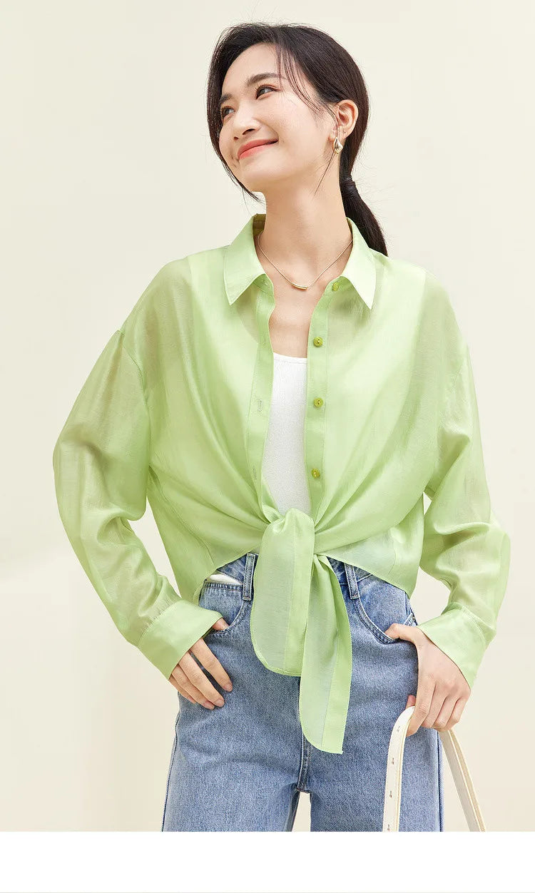 SENTUBILA Sheer Knot Shirts Women 2025 Elegant Casuals Long Drop Sleeve Button Up Shirts & Blouses Female Clothes 132C48674