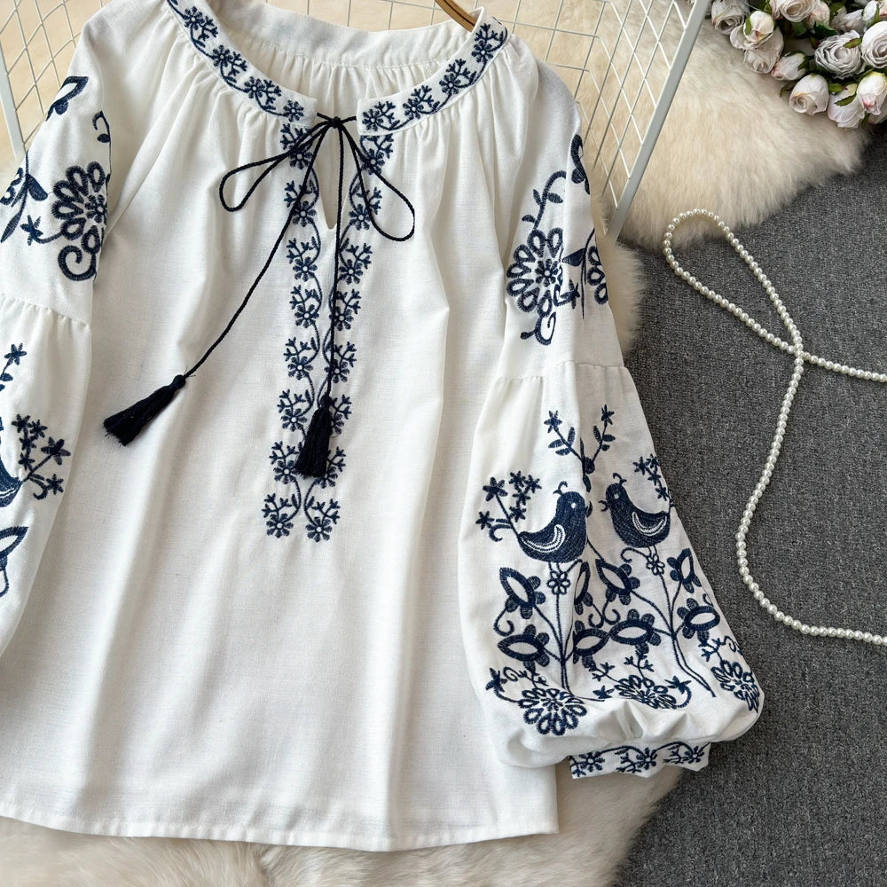 RBB Women's Retro Ethnic Embroidered Shirt – Style Loose Long Sleeve Blouse