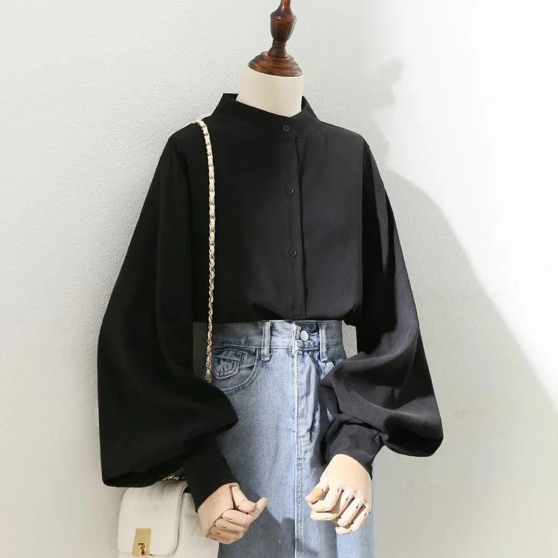 RBB Women's Lantern Sleeve Blouse – Elegant Stand Collar Loose Shirt for Spring & Autumn