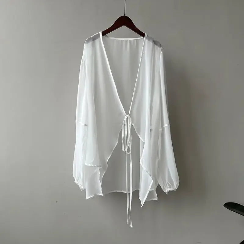 RBB Women's V-Neck Chiffon Shirt – Loose Fit Lace-Up Long Sleeve Summer Blouse