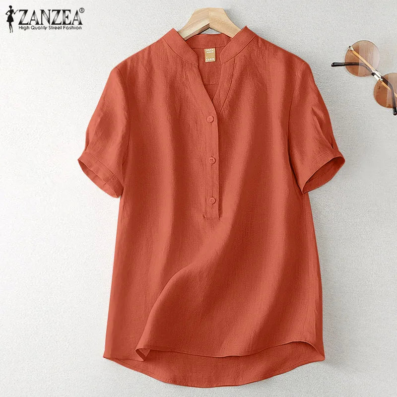 ZANZEA Summer Elegant Loose Chemise Cotton Blouse Vintage OL Work Tunic Tops Women Casual Solid Shirt V Neck Short Sleeve Blusas
