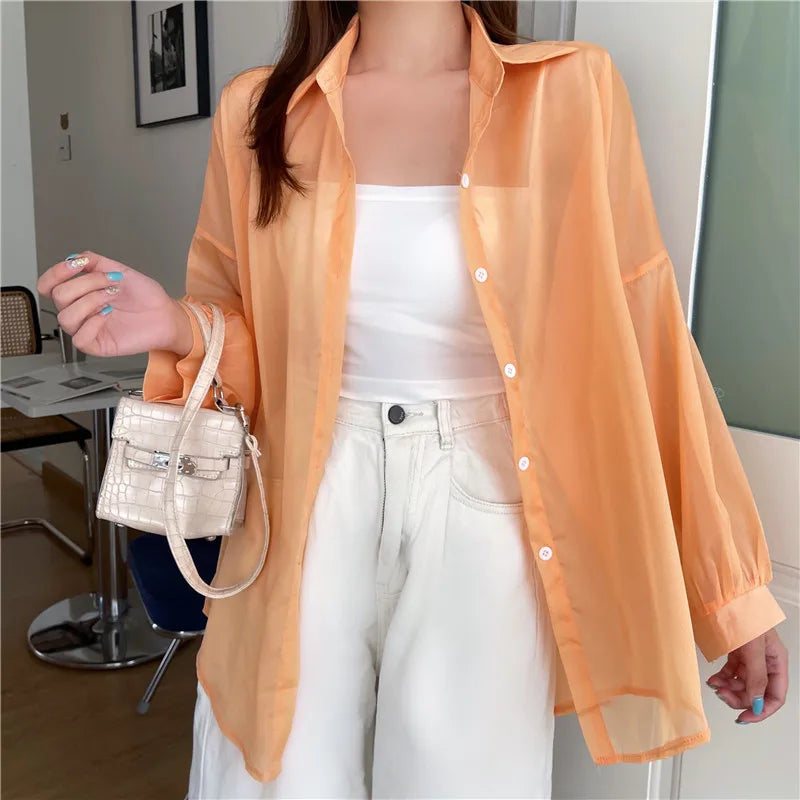 RBB Women’s Semi-Sheer Shimmer Long Sleeve Shirt – Lightweight Button-Down Collared Top for Spring/Summer