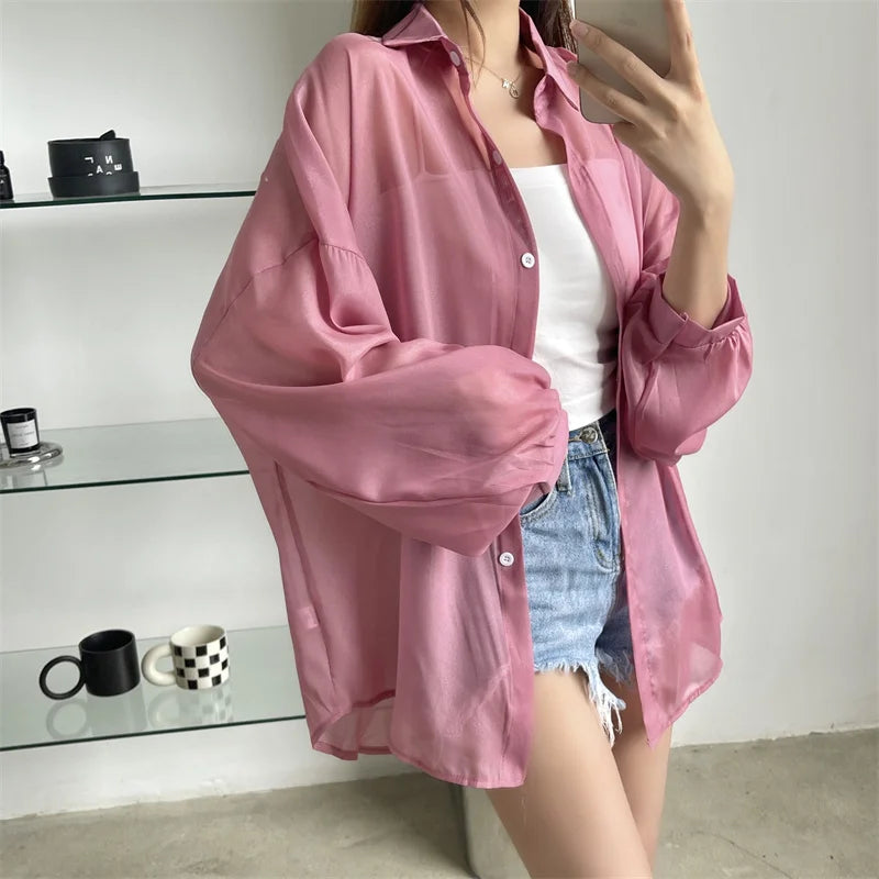 RBB Women’s Semi-Sheer Shimmer Long Sleeve Shirt – Lightweight Button-Down Collared Top for Spring/Summer