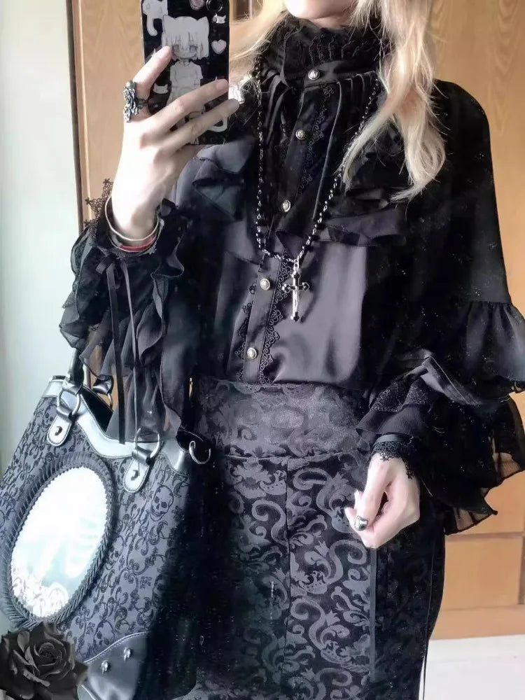 Japanese Kawaii Girl Sweet Cute Lolita Lantern Sleeve Shirt Summer Y2k Aesthetic Lace Patchwork Blouse Top Women JK Loose Blusas