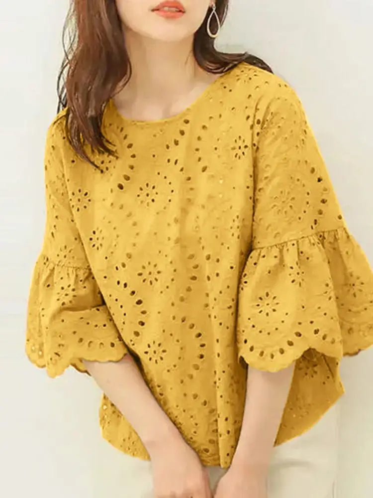 ZANZEA Fashion Summer 3/4 Sleeve Hollow Out Blouse Women Elegant Lace Crochet Tops Casual Loose Embroidery Shirt Work Blusas