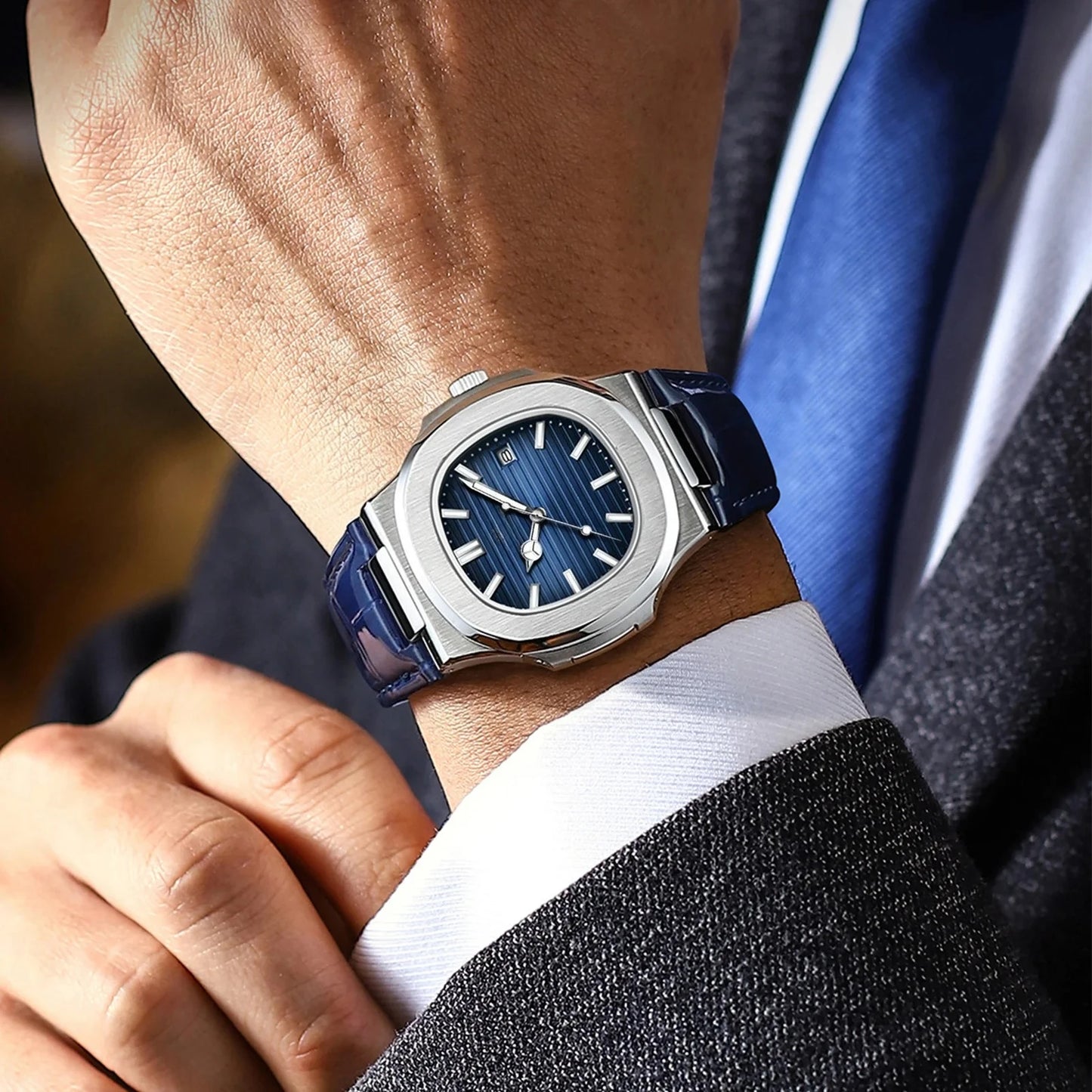 RBB Luxury Men’s Square Quartz Watch – Waterproof, Luminous Date Display, High-Quality Leather Strap