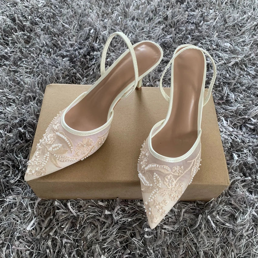 RBB Designer White Wedding Pumps – Embroidered Mesh Floral Slingback High Heels for Women