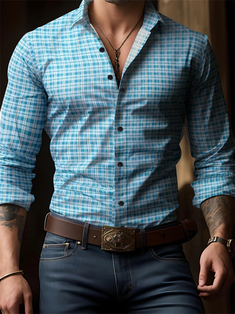 RBB Men’s Check Print Button-Down Shirt – Oversized Streetwear, Long Sleeve