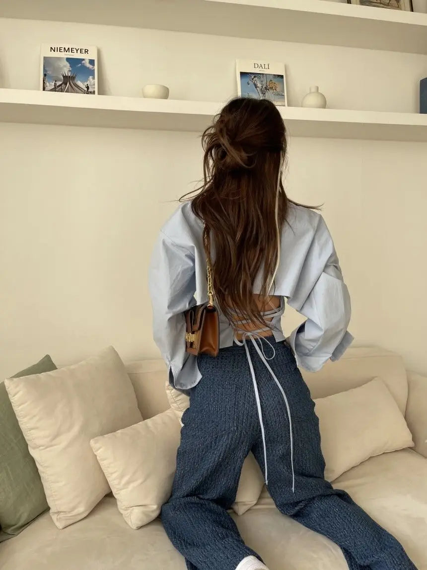 Chic Chiffon Shirts Women Criss-cross Drawstring Backless Trendy Design Turn-down Collar Single Breasted Ladies Solid Crop Tops
