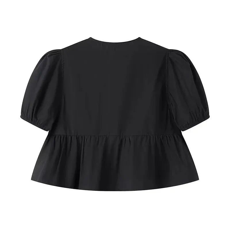RBB Women's Ruffle Puff Sleeve Blouse – Ruched Crop Top Shirt (White & Black)