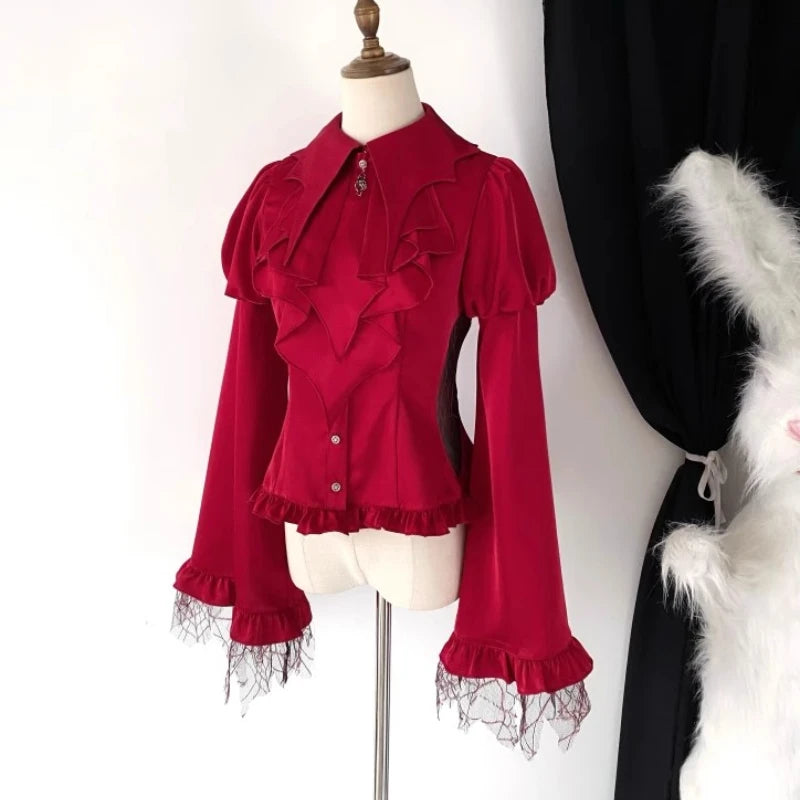 Victorian Vintage Lolita Style Shirt Women Casual Gothic Mesh Lantern Sleeve Slim Blouse Female Y2k Aesthetic Kawaii Tops Blusas
