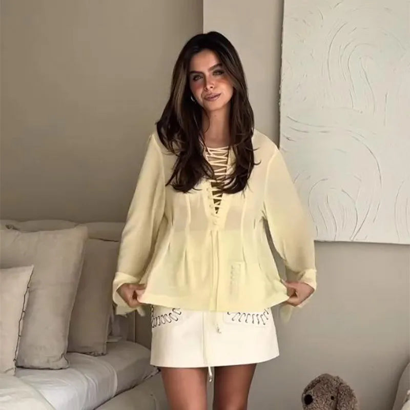 Women Casual Yellow Ruffles Tops Fashion V Neck Lace Up Long Sleeve Loose T Shirt 2025 Summer Lady High Street Commute Clothing