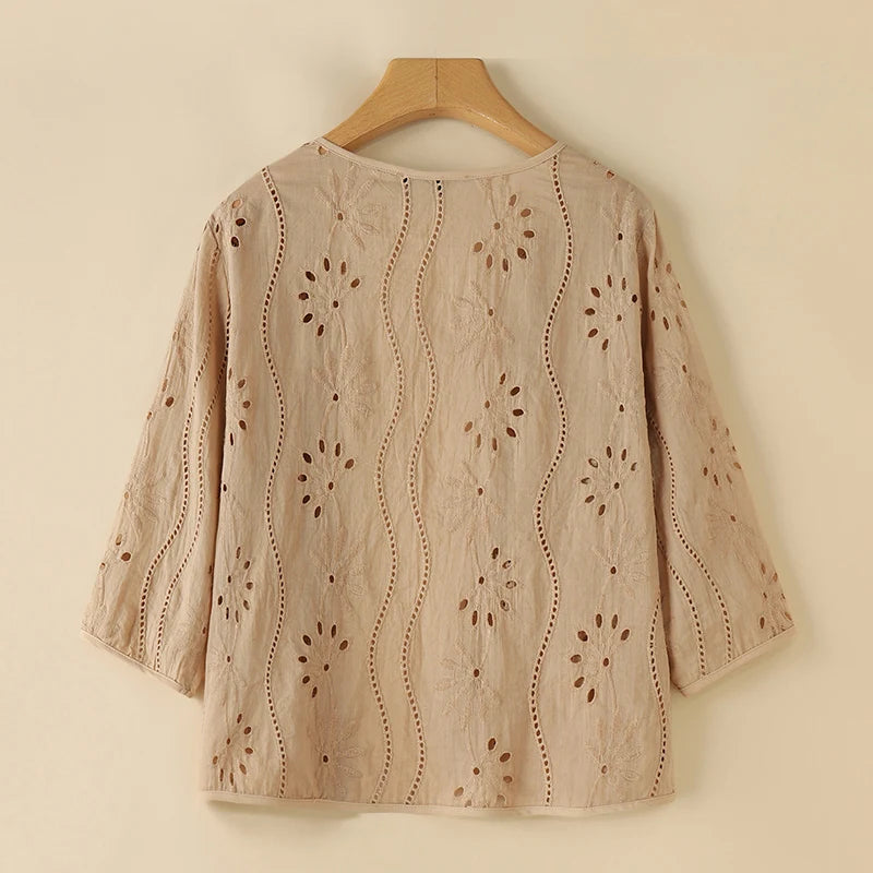 ZANZEA Women Fashion Hollow Out Embroidered Cardigan Shirts Autumn 2025 Elegant 3/4 Sleeve Kimonos Casual Holiday Cover-up Tops