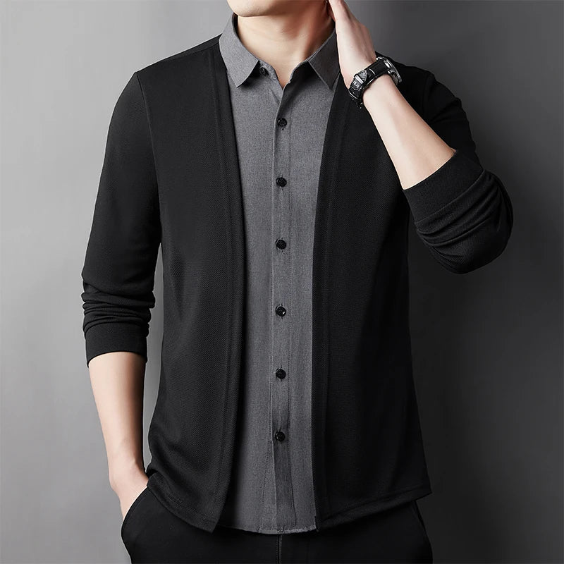 RBB Men’s Casual Long Sleeve Two-Piece Style Shirt – Comfortable Korean Fashion