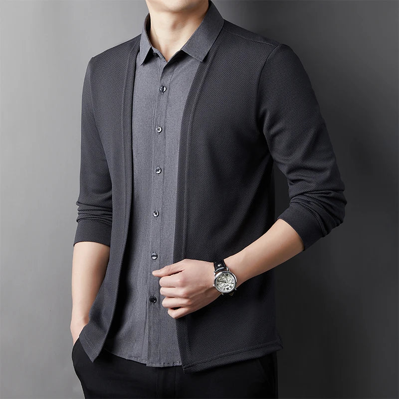 RBB Men’s Casual Long Sleeve Two-Piece Style Shirt – Comfortable Korean Fashion