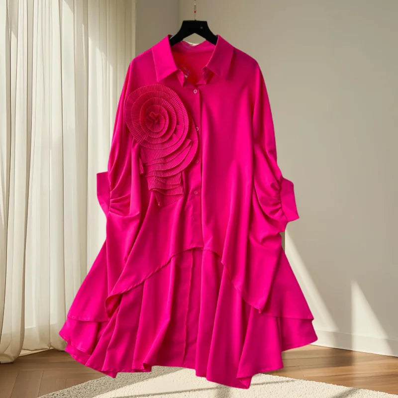 2025,New,European,Clothes,Loose,Blouse,Chic,Turndown Collar,Irregular,Three-dimensional flowers,Women,Batwing Sleeve,Tops,41293