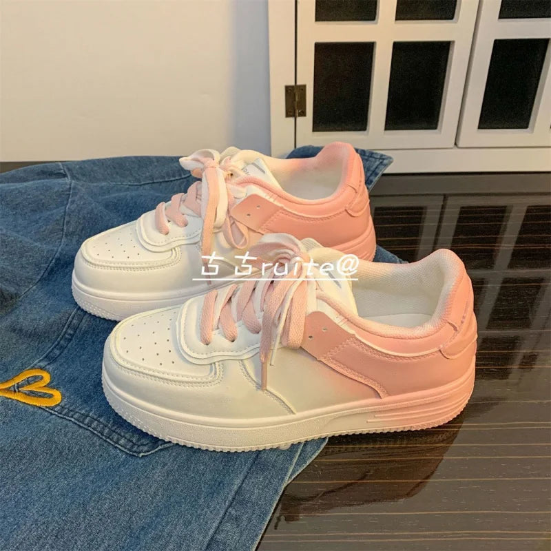 Women’s Casual White Flat Shoes – Spring & Summer 2023, Lightweight Lace-Up Board Sneakers for Students