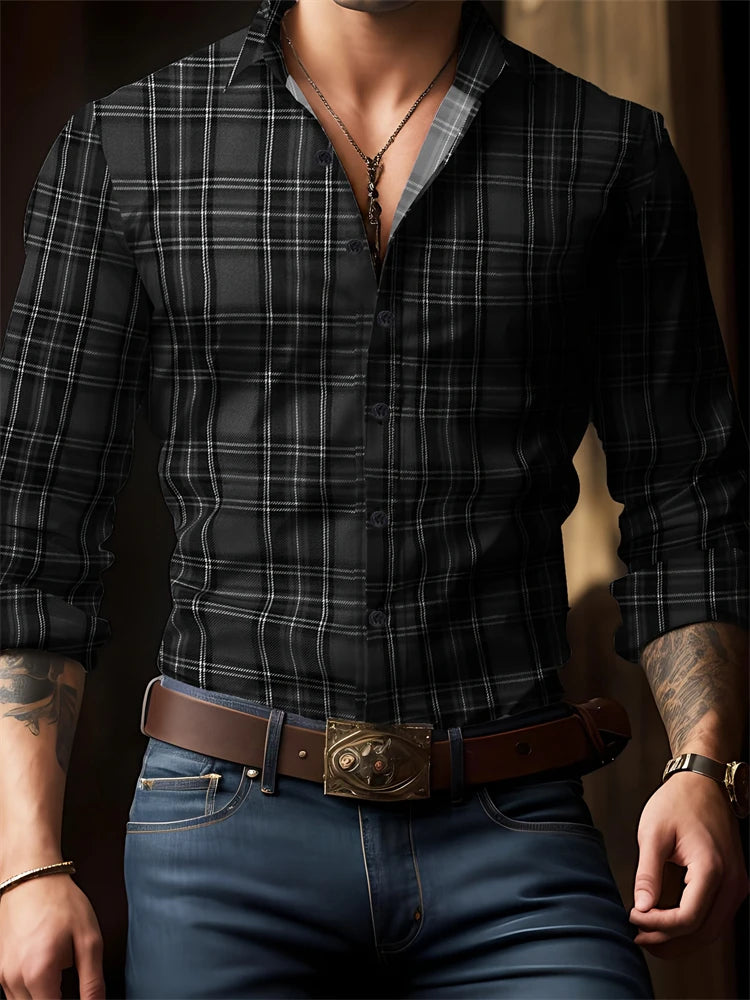 RBB Men’s Check Print Button-Down Shirt – Oversized Streetwear, Long Sleeve