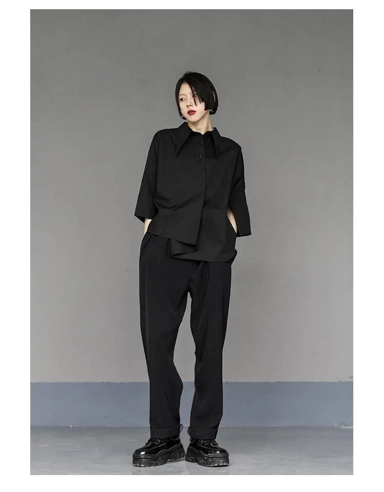 2025 Women Shirt Three Quarter Sleeve Blouse Irregular Hem Single breasted Solid Color Loose Lapel Summer Spring Shirt Top
