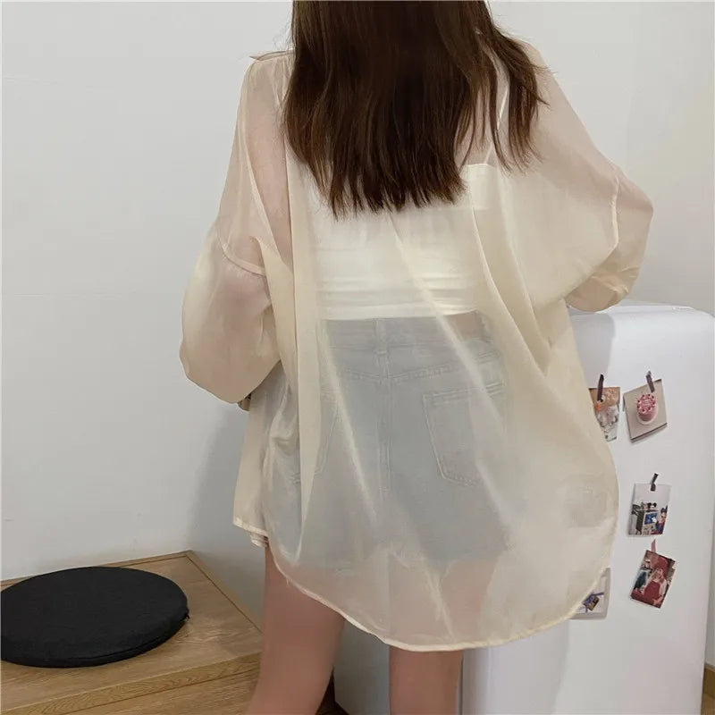 RBB Women’s Semi-Sheer Shimmer Long Sleeve Shirt – Lightweight Button-Down Collared Top for Spring/Summer