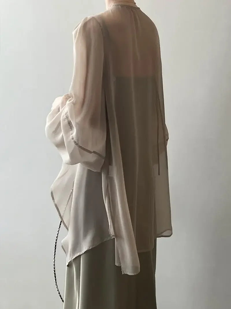 RBB Women's V-Neck Chiffon Shirt – Loose Fit Lace-Up Long Sleeve Summer Blouse