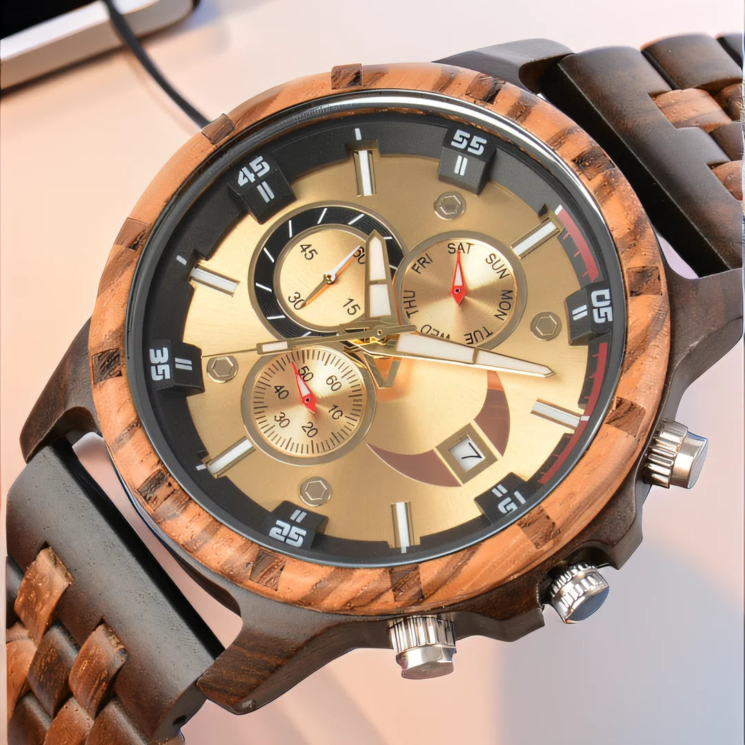 RBB Men’s Wooden Quartz Watch – Date & Week Display with Gift Box