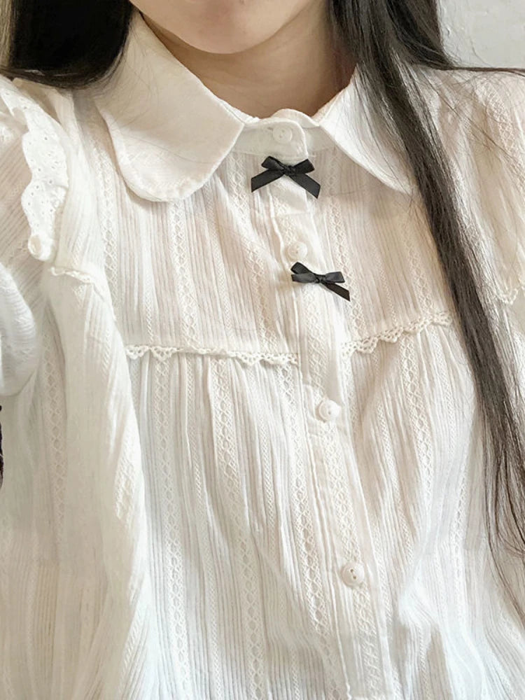 Kawaii White Lolita Lace Blouse Women Gothic Preppy Style Vintage Peter Pan Collar Short Sleeve Shirt Girl Summer Cute Top Mujer
