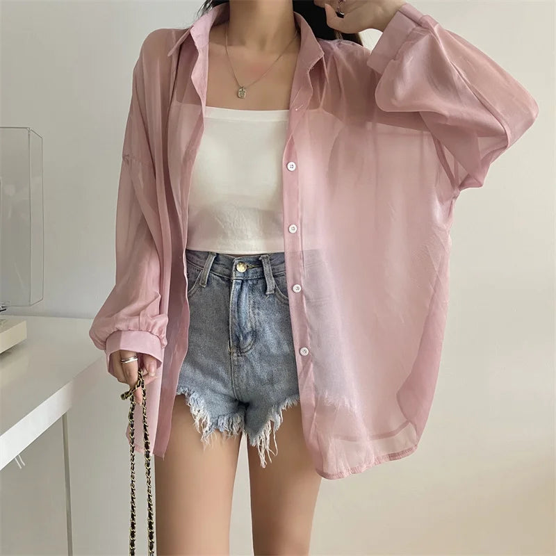 RBB Women’s Semi-Sheer Shimmer Long Sleeve Shirt – Lightweight Button-Down Collared Top for Spring/Summer