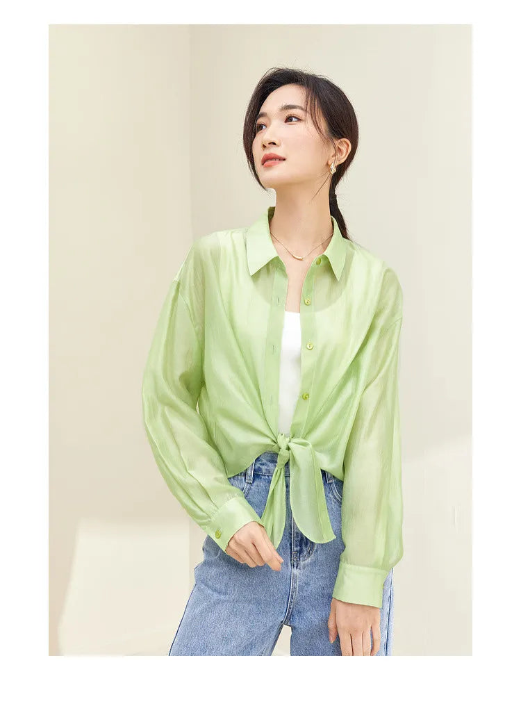 SENTUBILA Sheer Knot Shirts Women 2025 Elegant Casuals Long Drop Sleeve Button Up Shirts & Blouses Female Clothes 132C48674