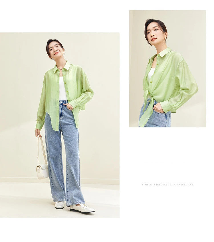 SENTUBILA Sheer Knot Shirts Women 2025 Elegant Casuals Long Drop Sleeve Button Up Shirts & Blouses Female Clothes 132C48674