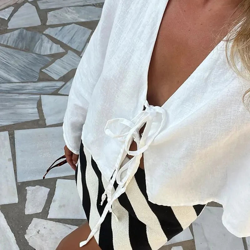 RBB Women's Elegant Lace-Up Bow Shirt – V-Neck Long Flare Sleeve Top