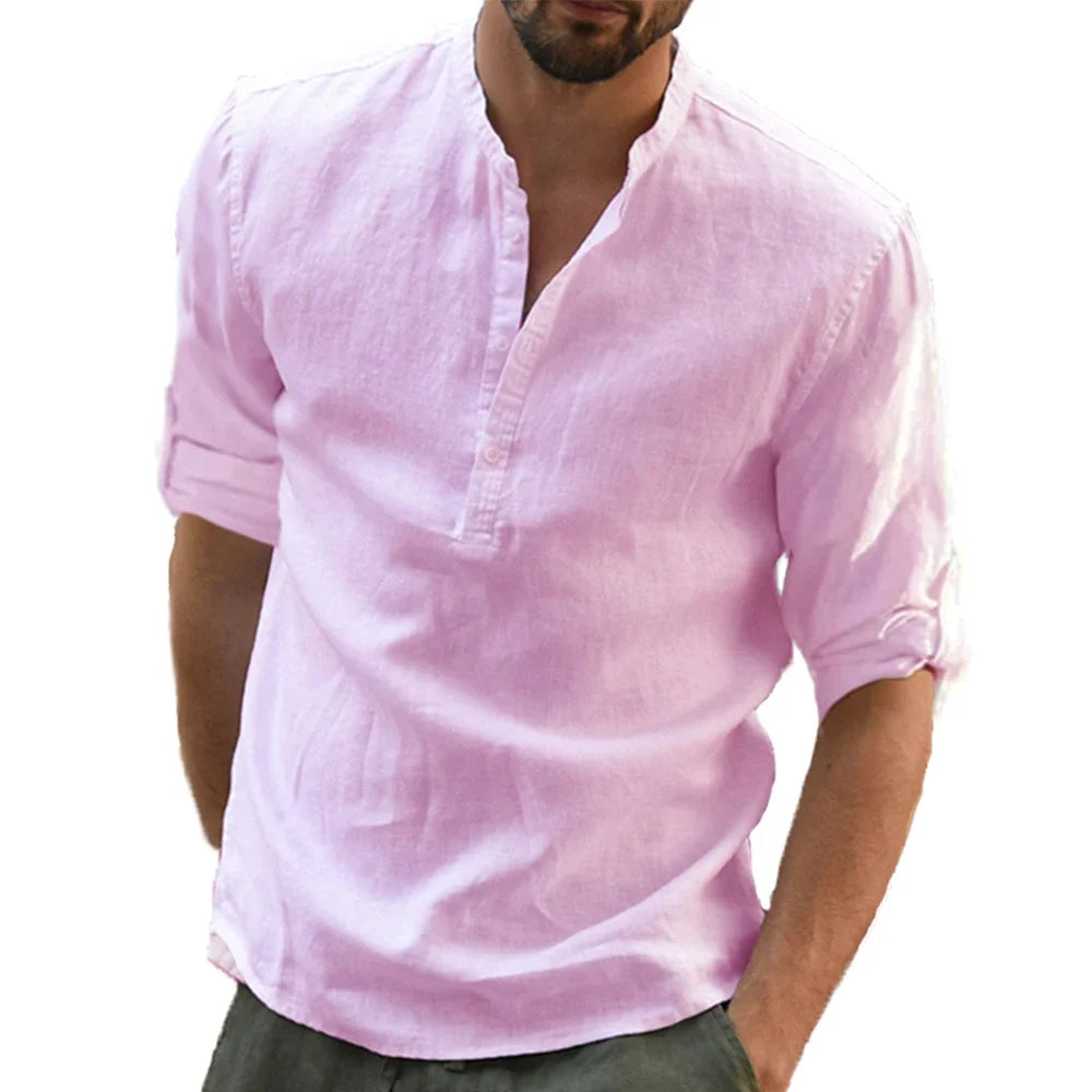RBB Men’s Cotton Linen Long Sleeve Shirt – Summer Solid Color, Stand-Up Collar