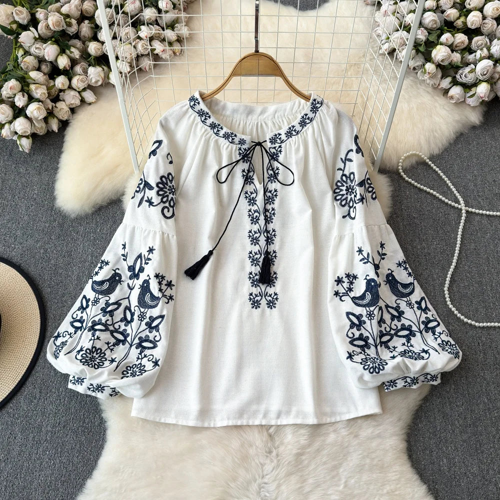 RBB Women's Retro Ethnic Embroidered Shirt – Style Loose Long Sleeve Blouse