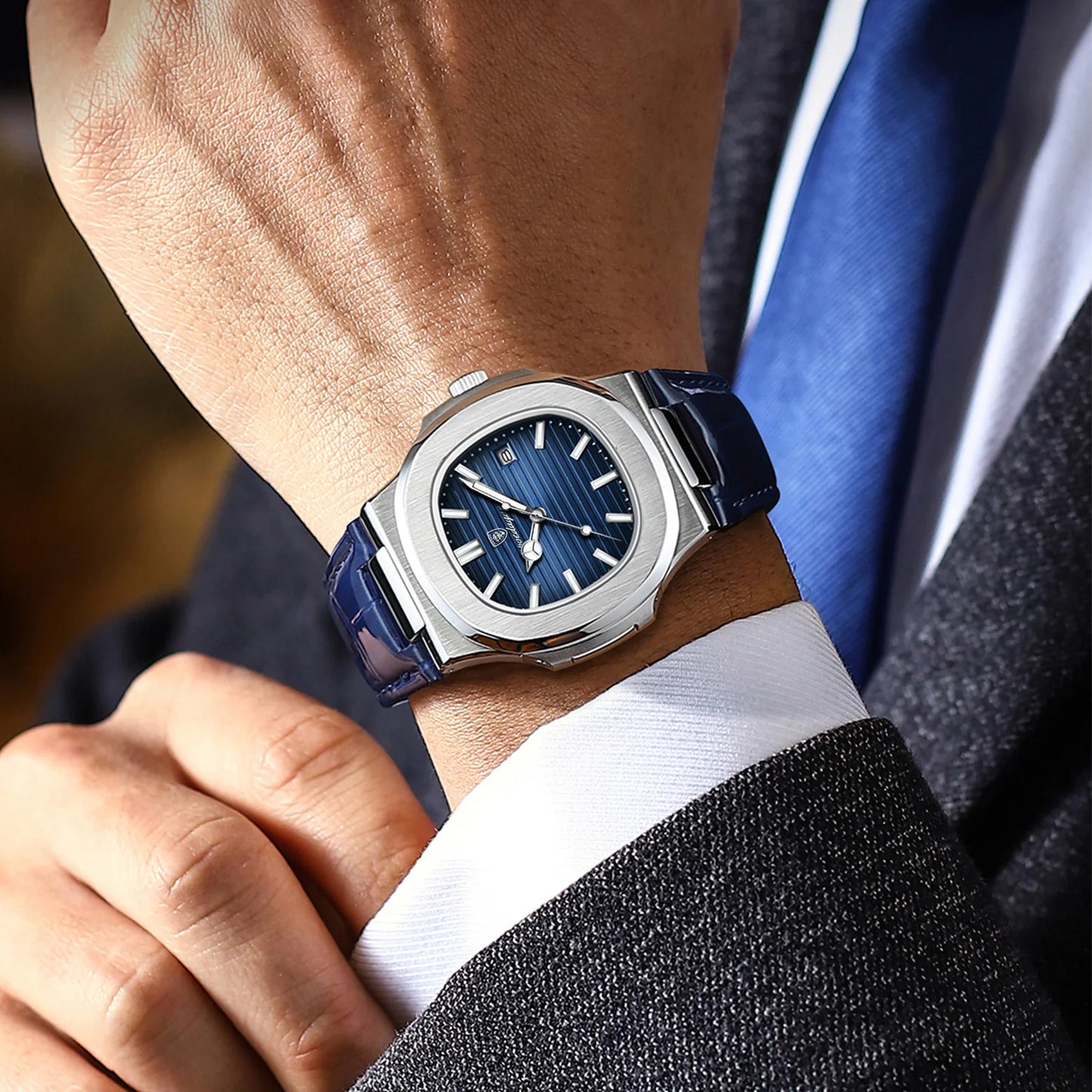 RBB Luxury Square Men’s Quartz Watch – Waterproof, Luminous, Leather Strap, Date Display + Gift Box