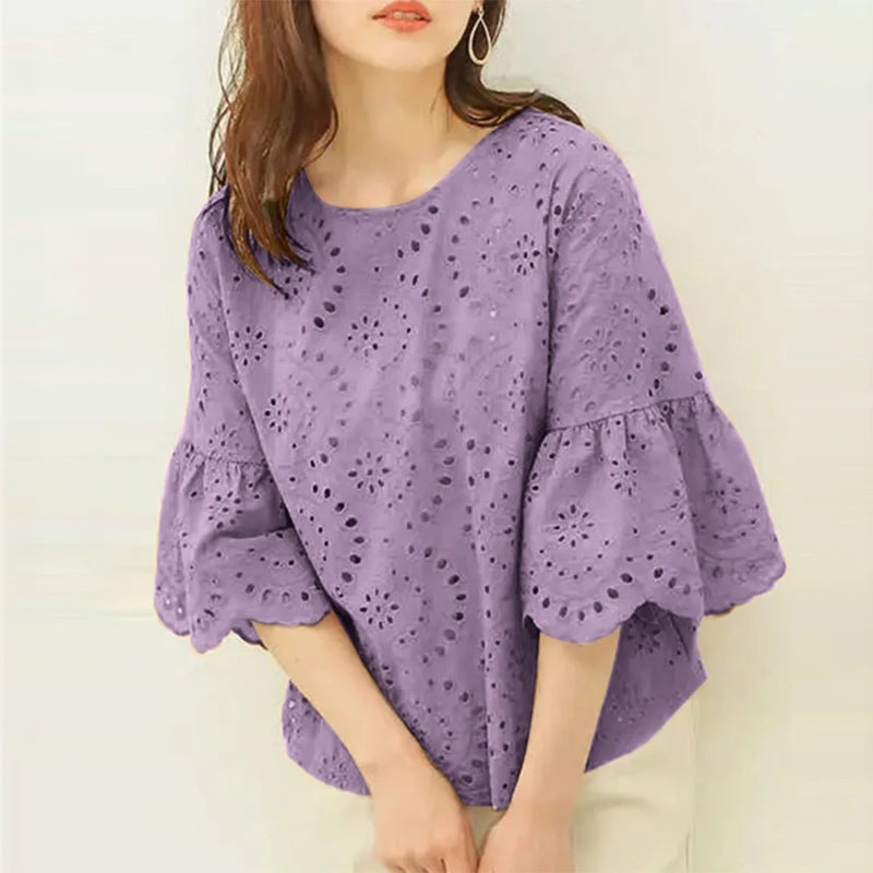 ZANZEA Fashion Summer 3/4 Sleeve Hollow Out Blouse Women Elegant Lace Crochet Tops Casual Loose Embroidery Shirt Work Blusas
