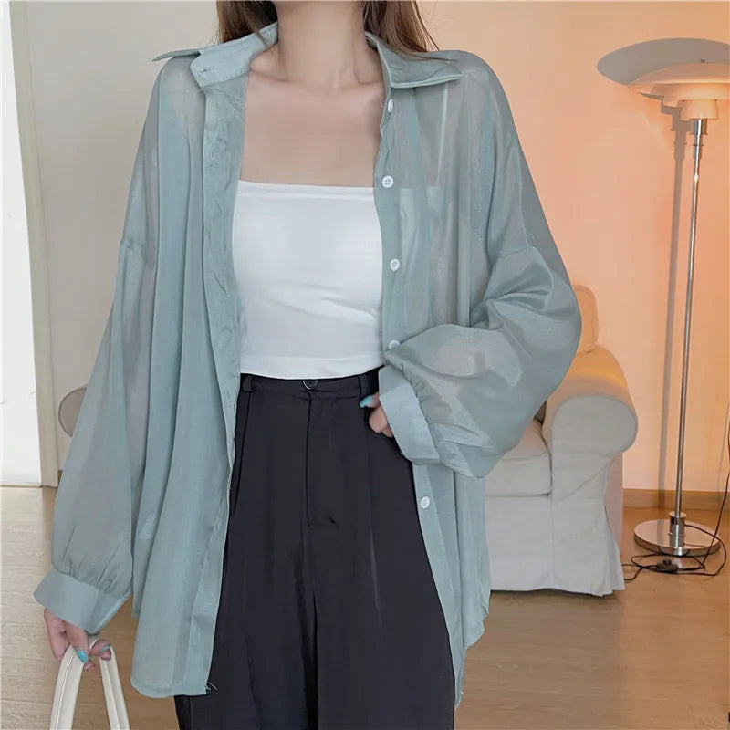 RBB Women’s Semi-Sheer Shimmer Long Sleeve Shirt – Lightweight Button-Down Collared Top for Spring/Summer
