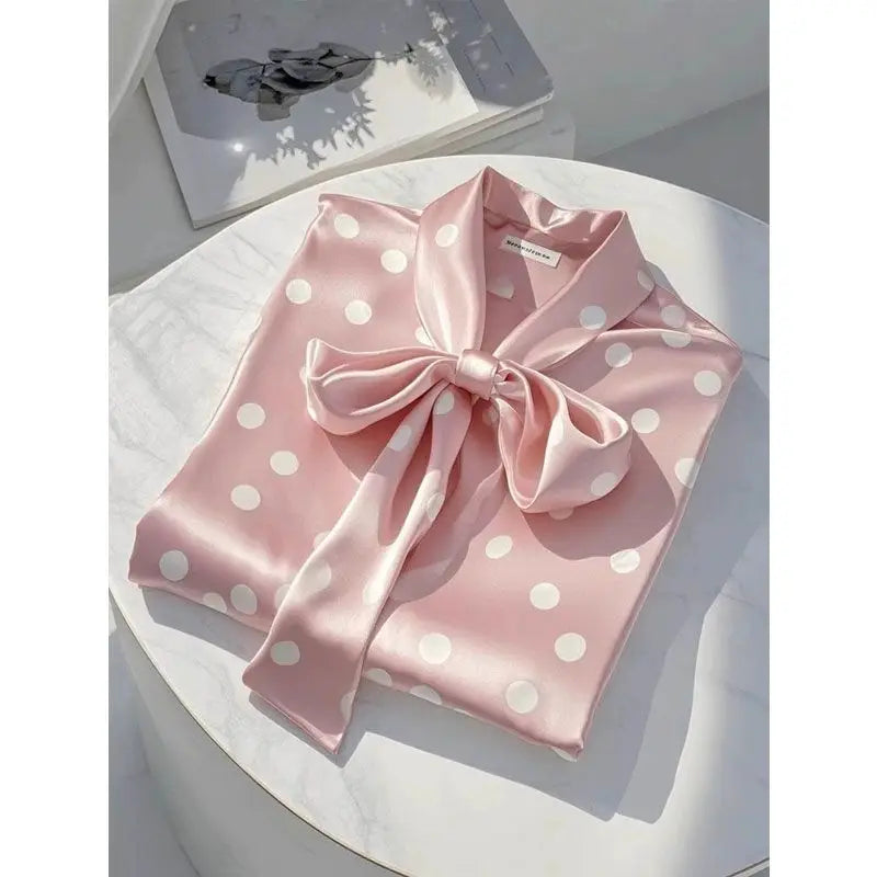 RBB Women's Satin Polka Dot Blouse – Elegant Lace-Up Bow Long Sleeve Top