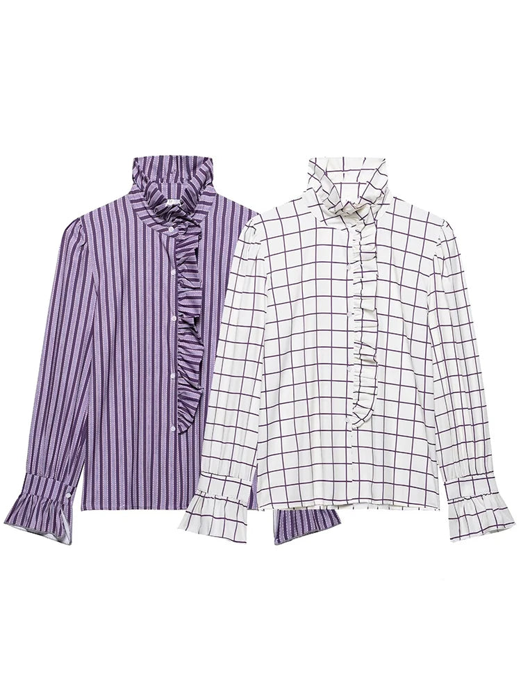 Ruffles Women Sweet Shirts 2025 Fashion Ladies Casual Purple Striped Blouses for Party Female Chic Tops Girls Cute Clothes