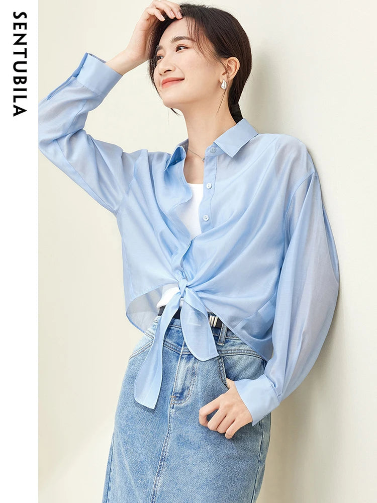 SENTUBILA Sheer Knot Shirts Women 2025 Elegant Casuals Long Drop Sleeve Button Up Shirts & Blouses Female Clothes 132C48674