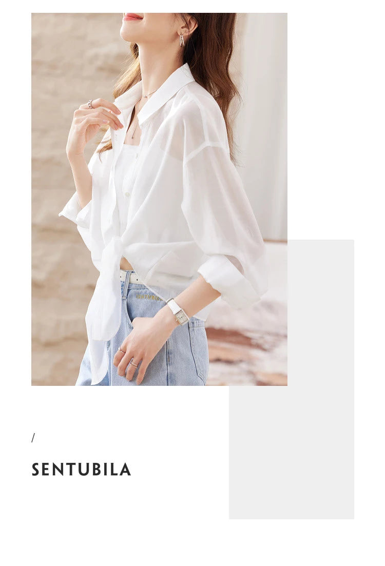 SENTUBILA Sheer Knot Shirts Women 2025 Elegant Casuals Long Drop Sleeve Button Up Shirts & Blouses Female Clothes 132C48674